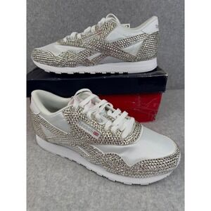Reebok Classic White Bling Rhinestone Embellished Custom Sneakers Size‎ 9